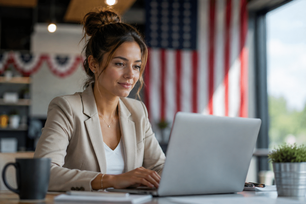 Woman on computer with american flags in the background