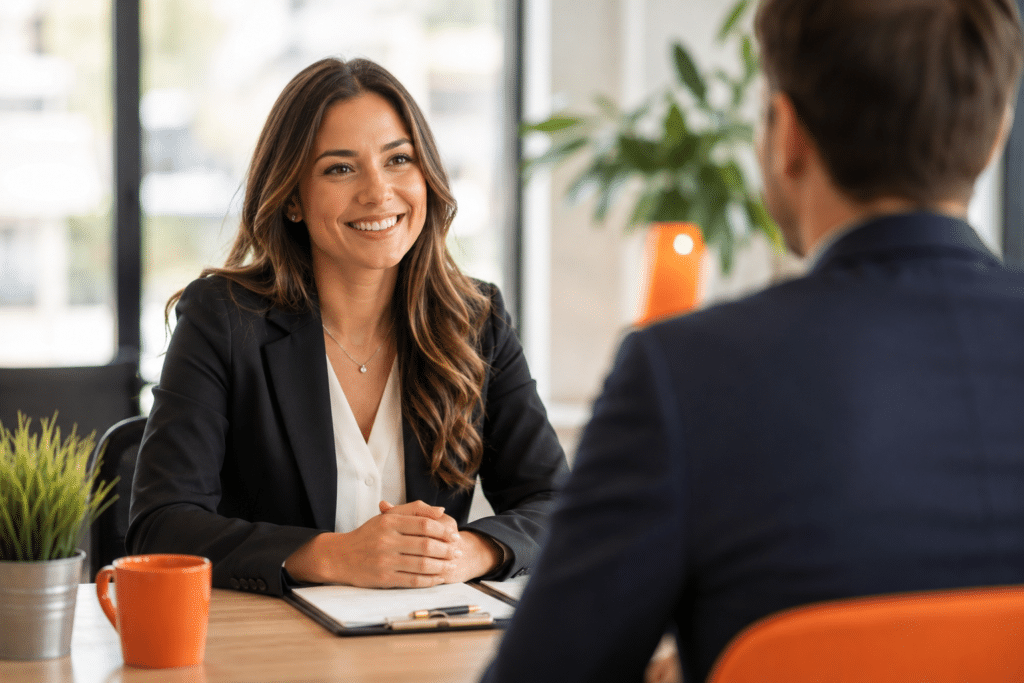 woman smiling while interviewing a man for job
